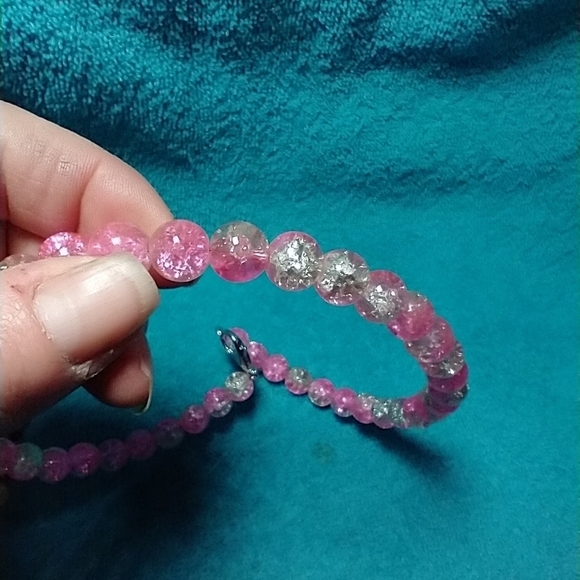 Pink clear beaded wire necklace cracked glass beads handmade - Picture 2 of 3